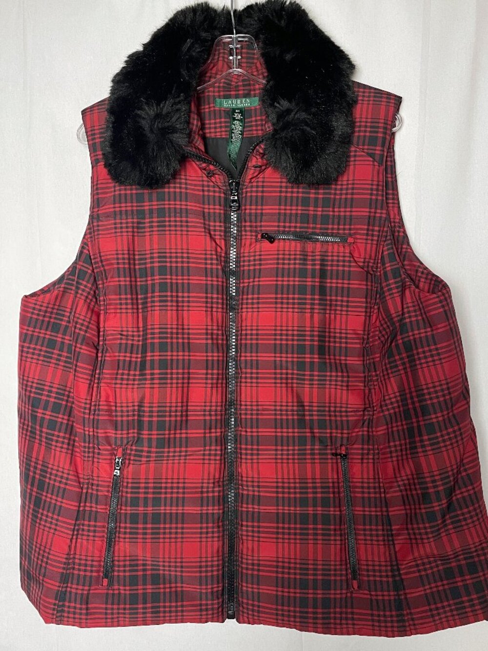 Lauren Ralph Lauren Plaid Puffer Vest Faux Fur Collar Black Red 2X NWOT